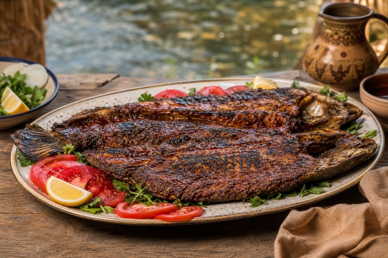 Iraqi Masgouf grilled carp with tamarind glaze, herbs, tomatoes, and lemon.