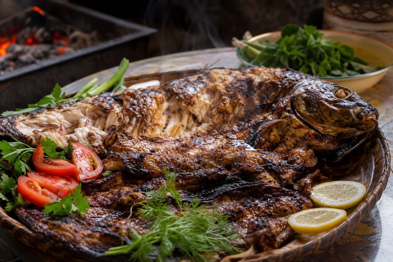 A close serving of flaky Iraqi Masgouf with charred skin, herbs, and lemon.
