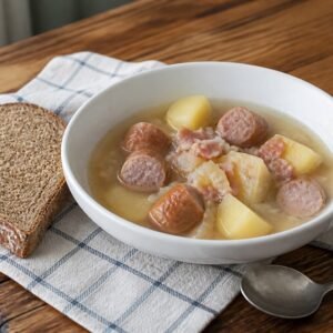Dublin coddle with sausages, bacon, potatoes, onion, and brown soda bread.
