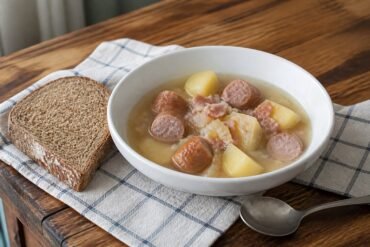Dublin coddle with sausages, bacon, potatoes, onion, and brown soda bread.