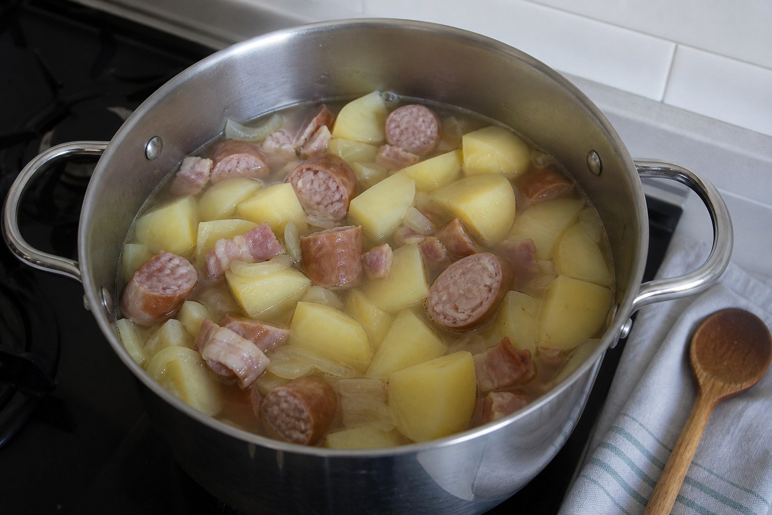 Irish Dublin coddle cooking in a stainless-steel pot with sausages and potatoes.