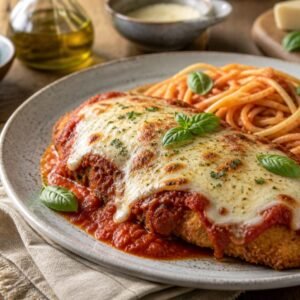 Golden chicken Parmesan with melted mozzarella, tomato sauce, basil, and spaghetti.