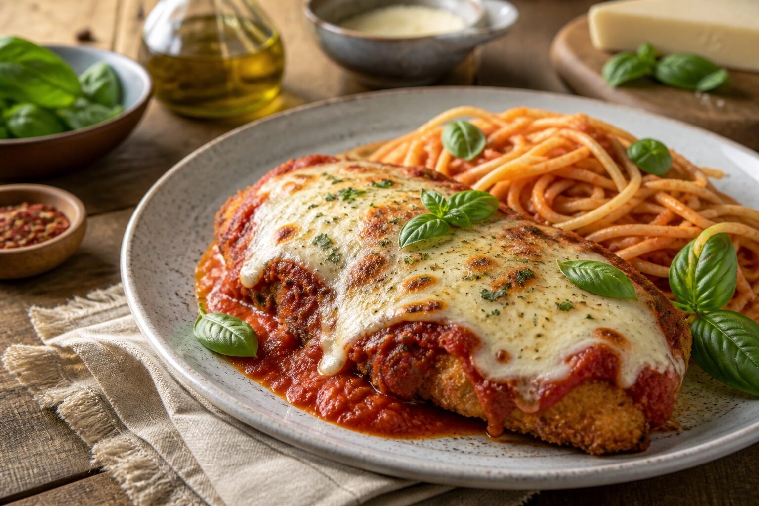 Golden chicken Parmesan with melted mozzarella, tomato sauce, basil, and spaghetti.