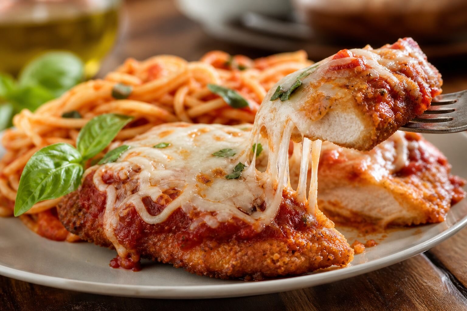 A close serving view of chicken Parmesan with crisp breading, tomato sauce, mozzarella, and spaghetti.