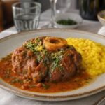 Italian osso buco with tender veal shank, gremolata, and golden risotto.