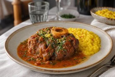 Italian osso buco with tender veal shank, gremolata, and golden risotto.