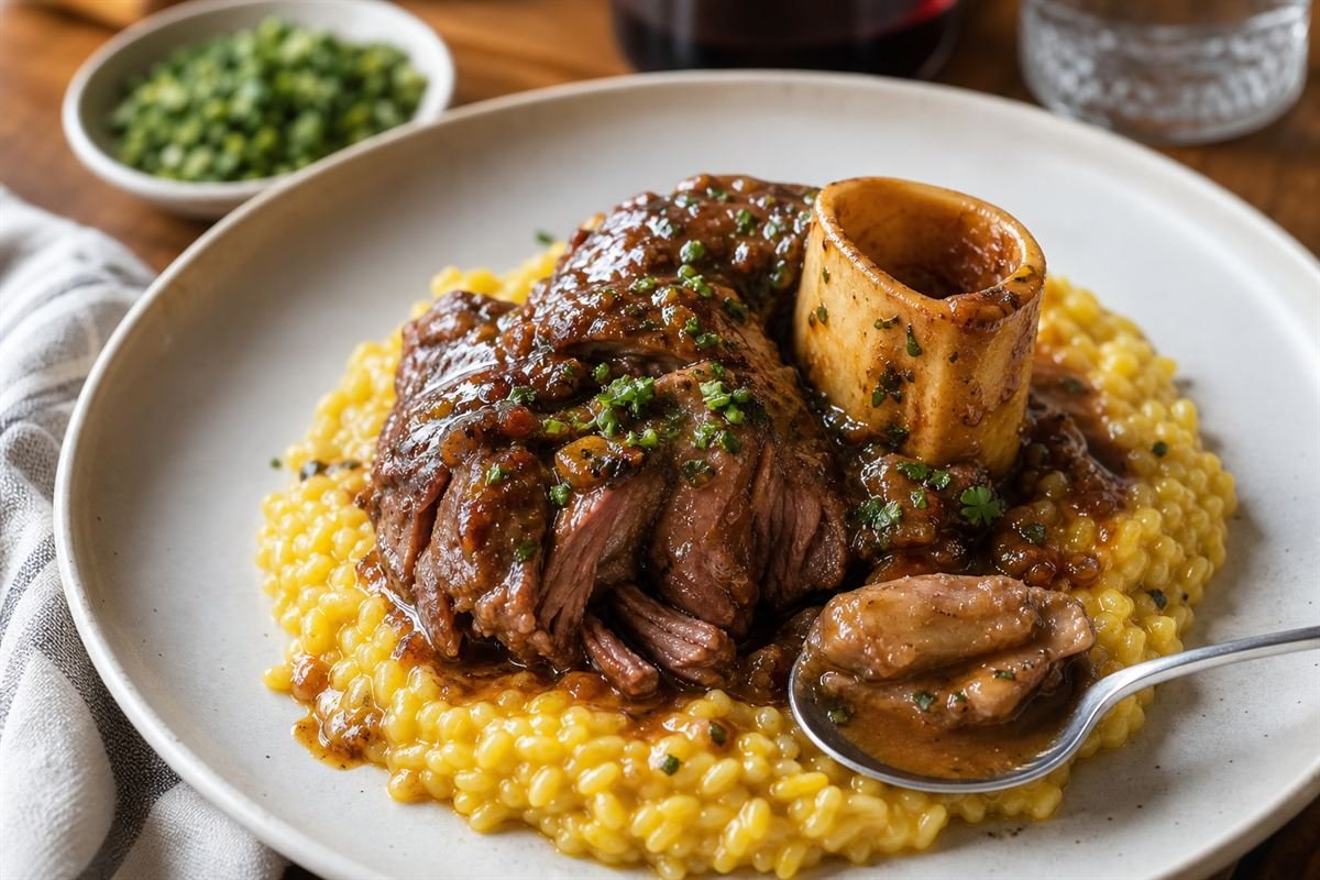 A close serving of Italian osso buco with marrow, braising sauce, and risotto.