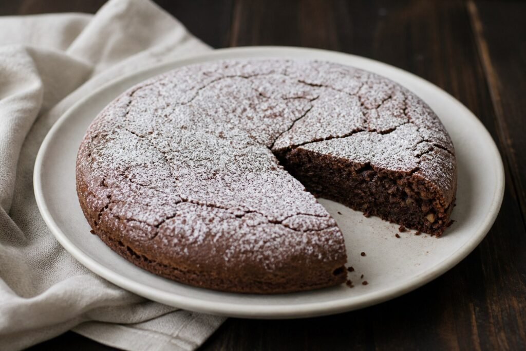Italian torta caprese with a cracked chocolate crust and dense almond crumb.