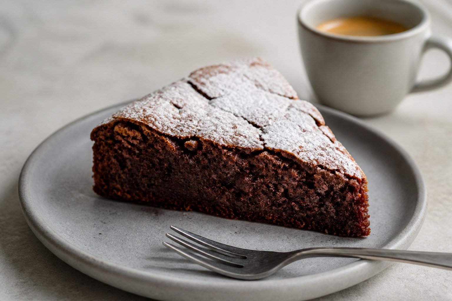 A slice of flourless chocolate-almond torta caprese served with espresso.