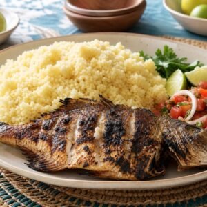 Grilled fish with fluffy Ivorian attiéké cassava couscous, tomato-onion relish, lime, and herbs.