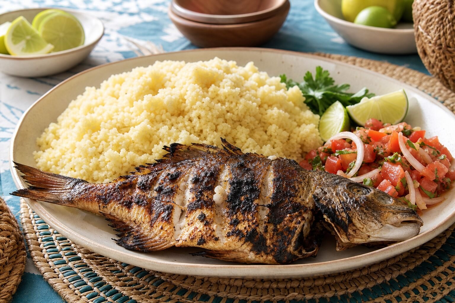 Grilled fish with fluffy Ivorian attiéké cassava couscous, tomato-onion relish, lime, and herbs.