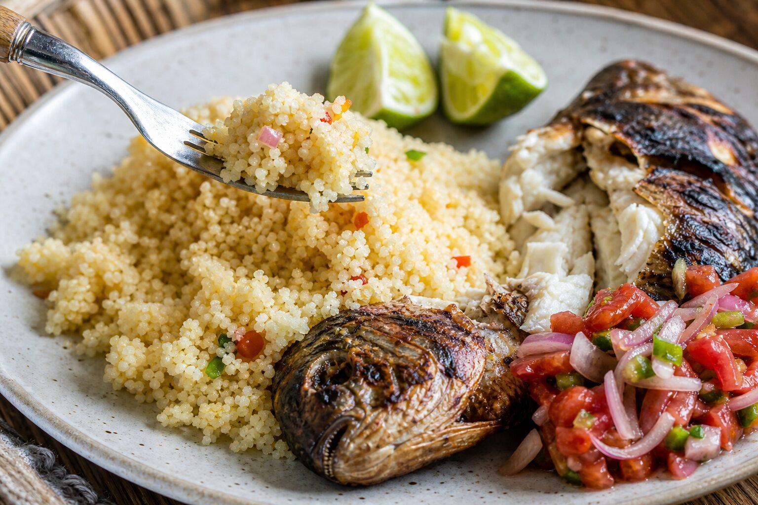 A close serving of flaky grilled fish with airy attiéké and bright tomato-onion relish.