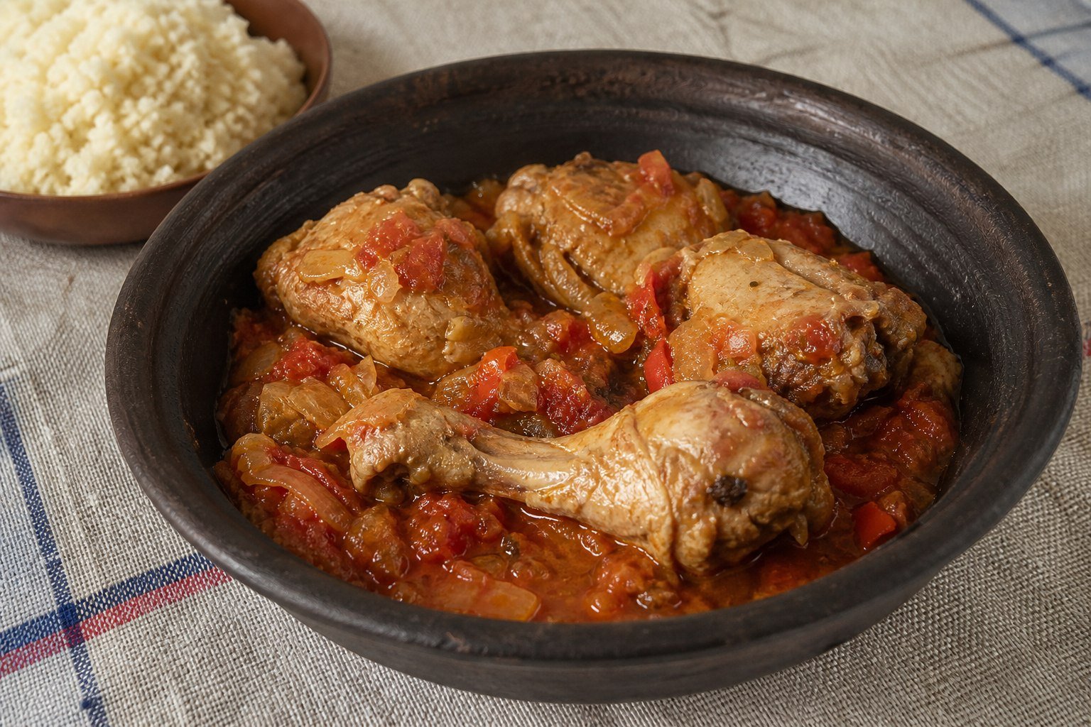 Ivorian kedjenou chicken stew with tomato, peppers, onions, and attieke.