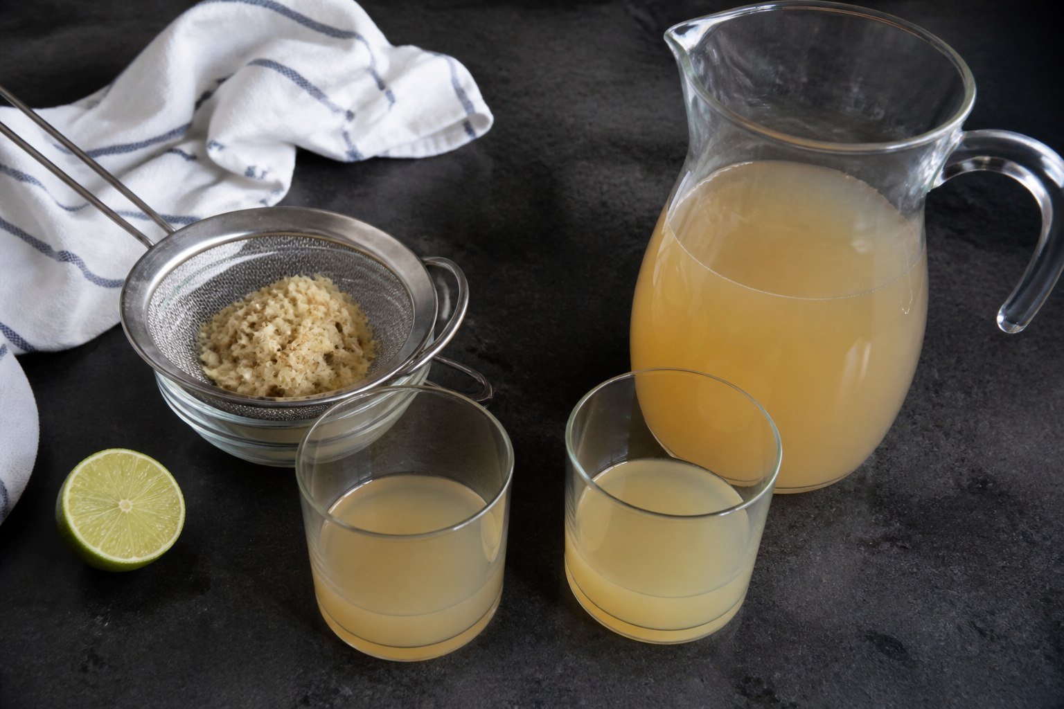 Homemade ginger beer with a pitcher, glasses, grated ginger, and lime.