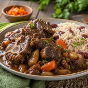 Glossy Jamaican oxtail stew with butter beans served beside rice and peas.