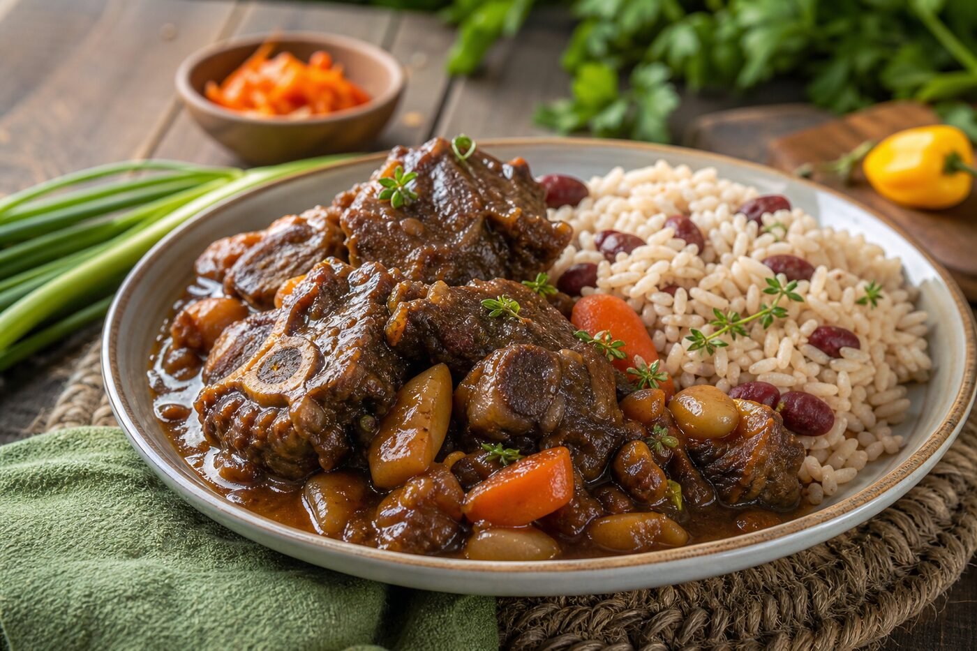 Glossy Jamaican oxtail stew with butter beans served beside rice and peas.
