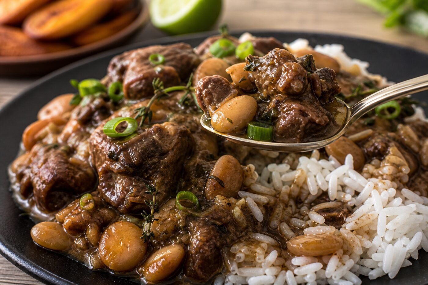 Tender Jamaican oxtail and butter beans spooned over rice in rich gravy.