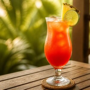 A chilled glass of red-orange Jamaican rum punch garnished with lime and pineapple.