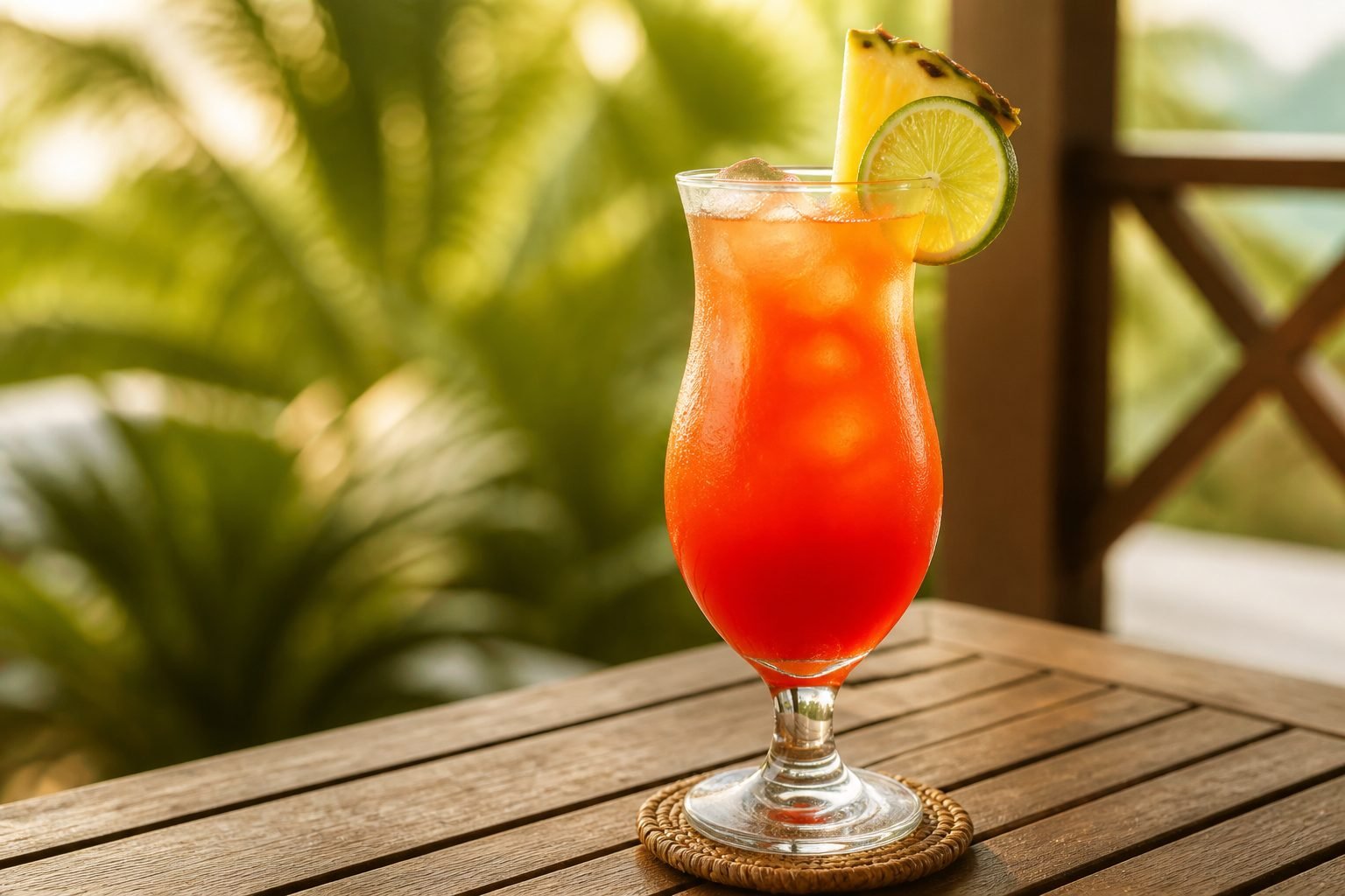 A chilled glass of red-orange Jamaican rum punch garnished with lime and pineapple.