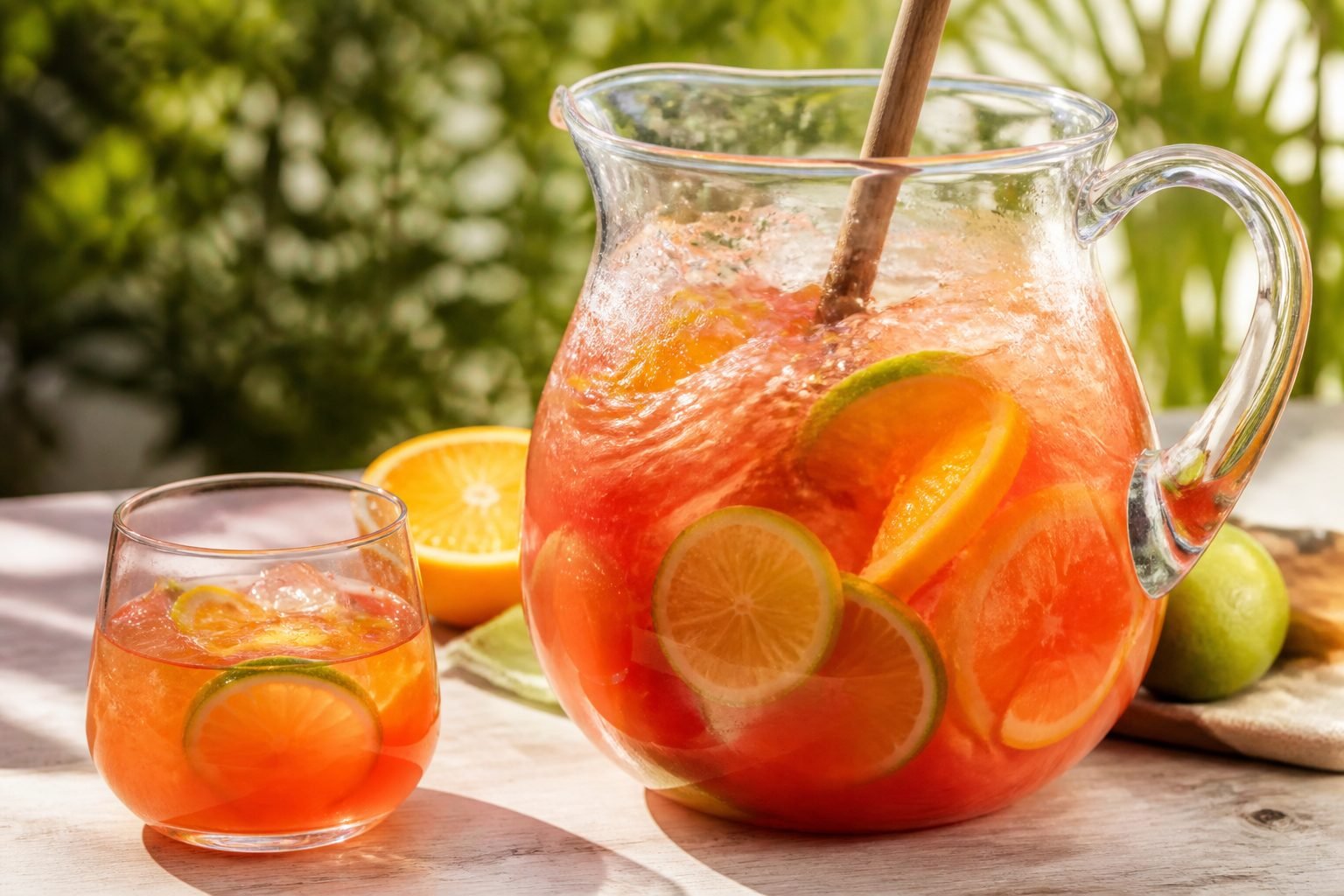 Jamaican rum punch with citrus slices and ice being mixed in a clear pitcher.