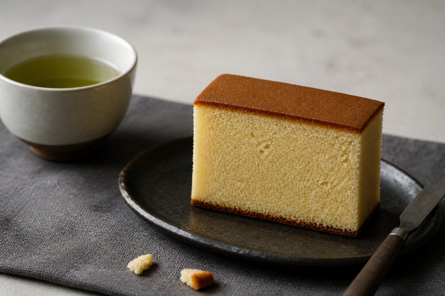 A thick slice of Japanese castella cake served on a dark plate with green tea.
