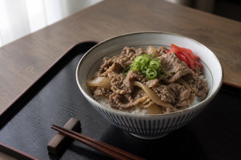 Japanese gyudon with thin simmered beef and onions over rice.