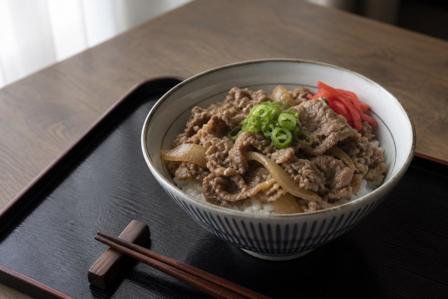 Japanese gyudon with thin simmered beef and onions over rice.