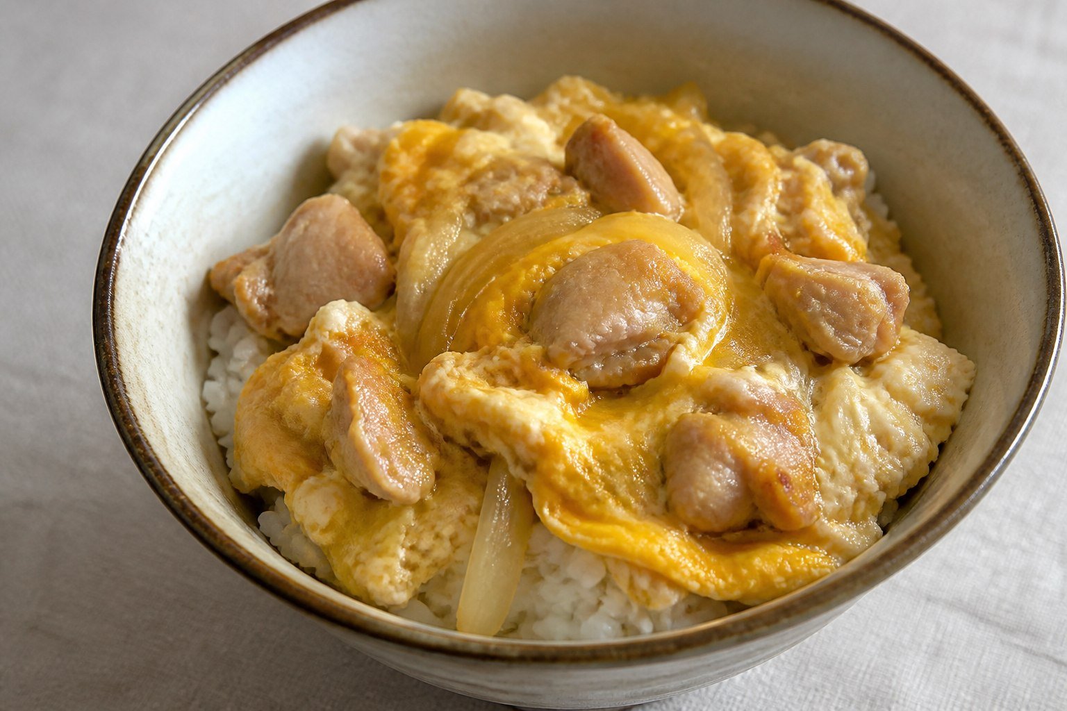 Japanese oyakodon rice bowl topped with chicken, onion, and softly set egg.