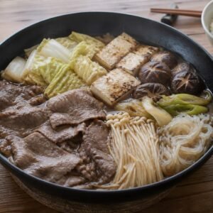 Japanese sukiyaki with thin beef, tofu, napa cabbage, mushrooms, scallions, and shirataki.