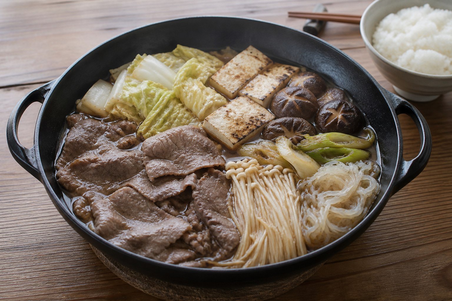 Japanese sukiyaki with thin beef, tofu, napa cabbage, mushrooms, scallions, and shirataki.