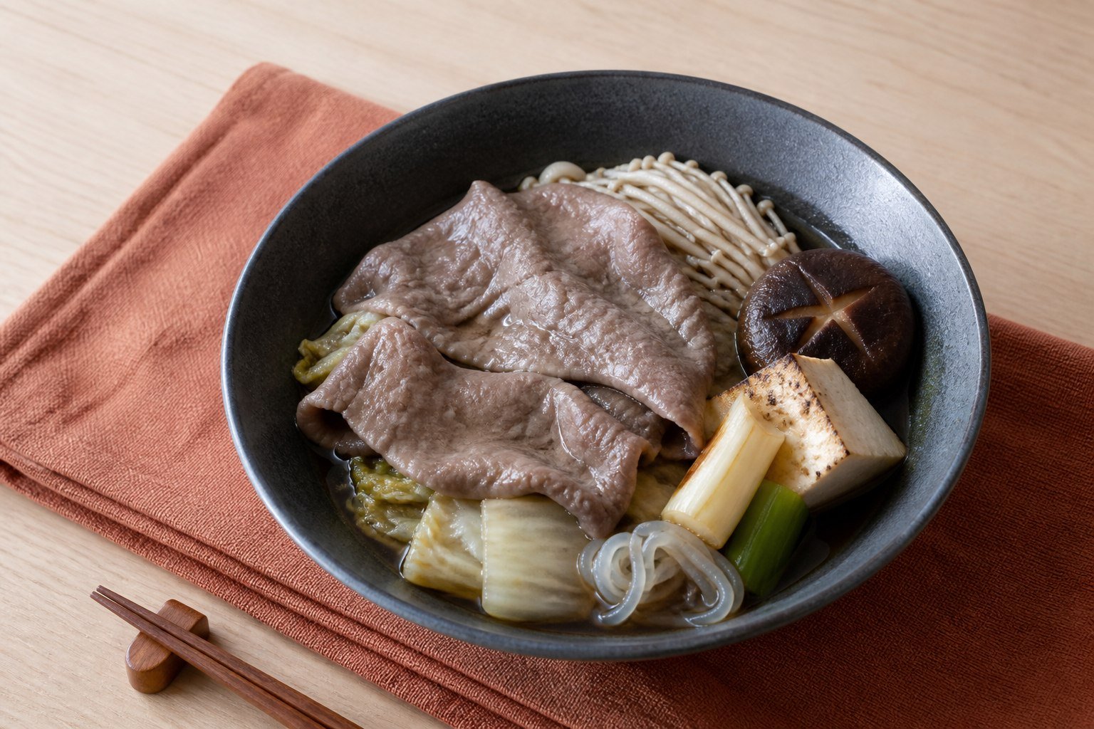 An individual serving of Japanese sukiyaki with beef, tofu, vegetables, mushrooms, and noodles.
