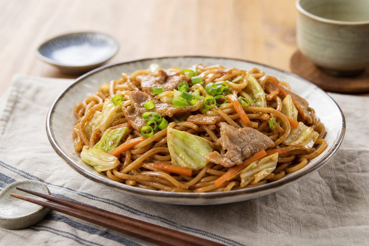 Glossy Japanese yakisoba noodles with pork, cabbage, carrots, and green onions in a ceramic bowl.