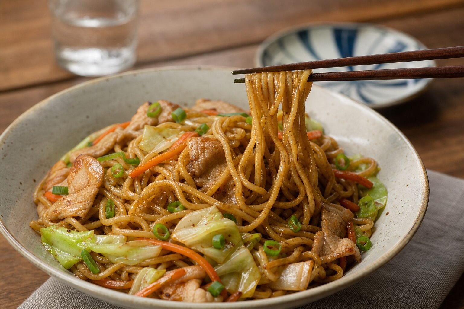 Chopsticks lifting saucy yakisoba noodles with pork and vegetables from a serving bowl.