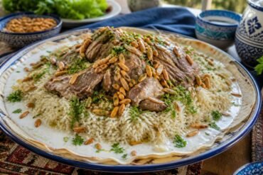 Jordanian mansaf with tender lamb, rice, jameed sauce, almonds, and parsley.