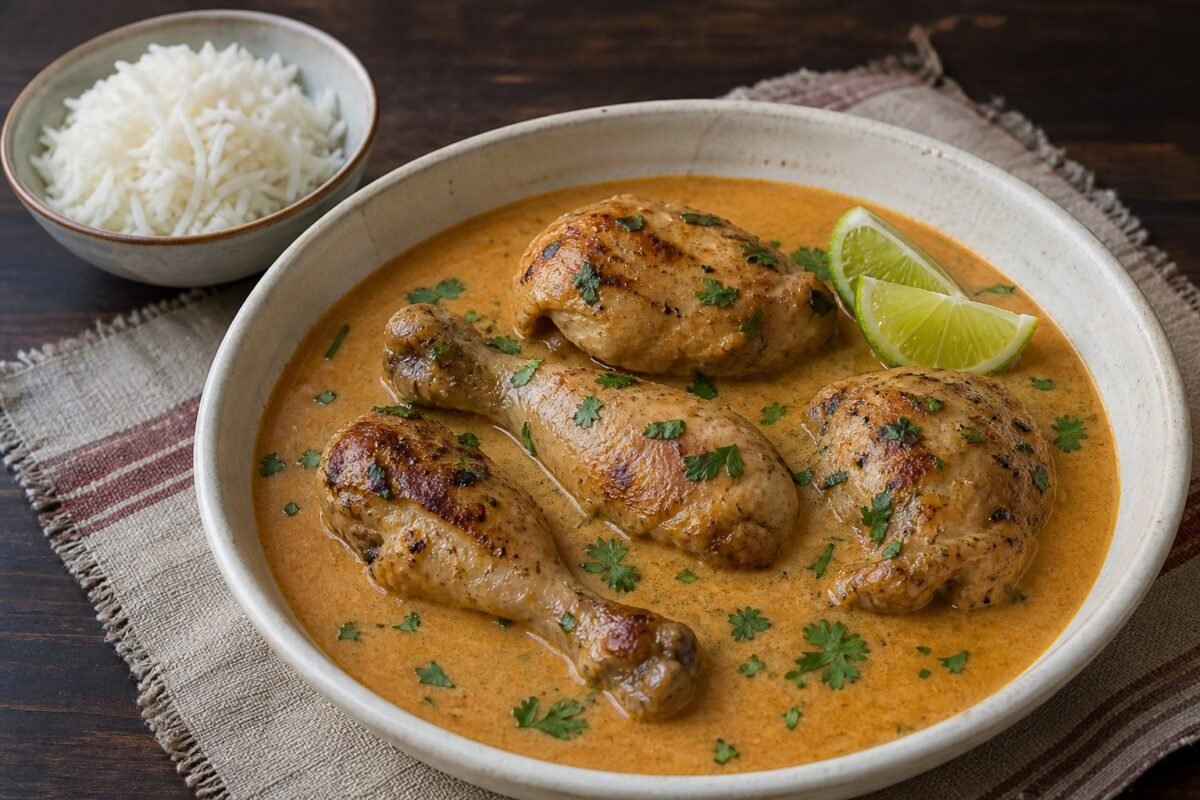 Kenyan kuku paka with grilled chicken in smooth coconut tomato sauce, cilantro, lime, and rice.