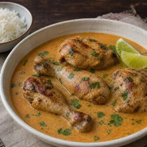 Kenyan kuku paka with grilled chicken in smooth coconut tomato sauce, cilantro, lime, and rice.