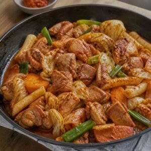 Korean dakgalbi with chicken, cabbage, sweet potato, and rice cakes in an iron pan.