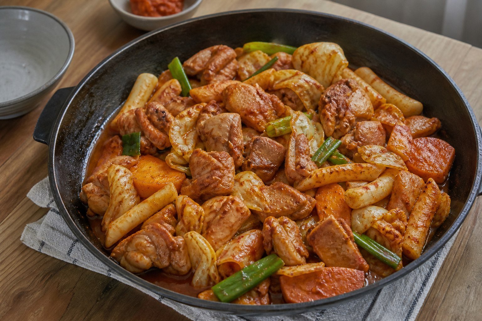 Korean dakgalbi with chicken, cabbage, sweet potato, and rice cakes in an iron pan.