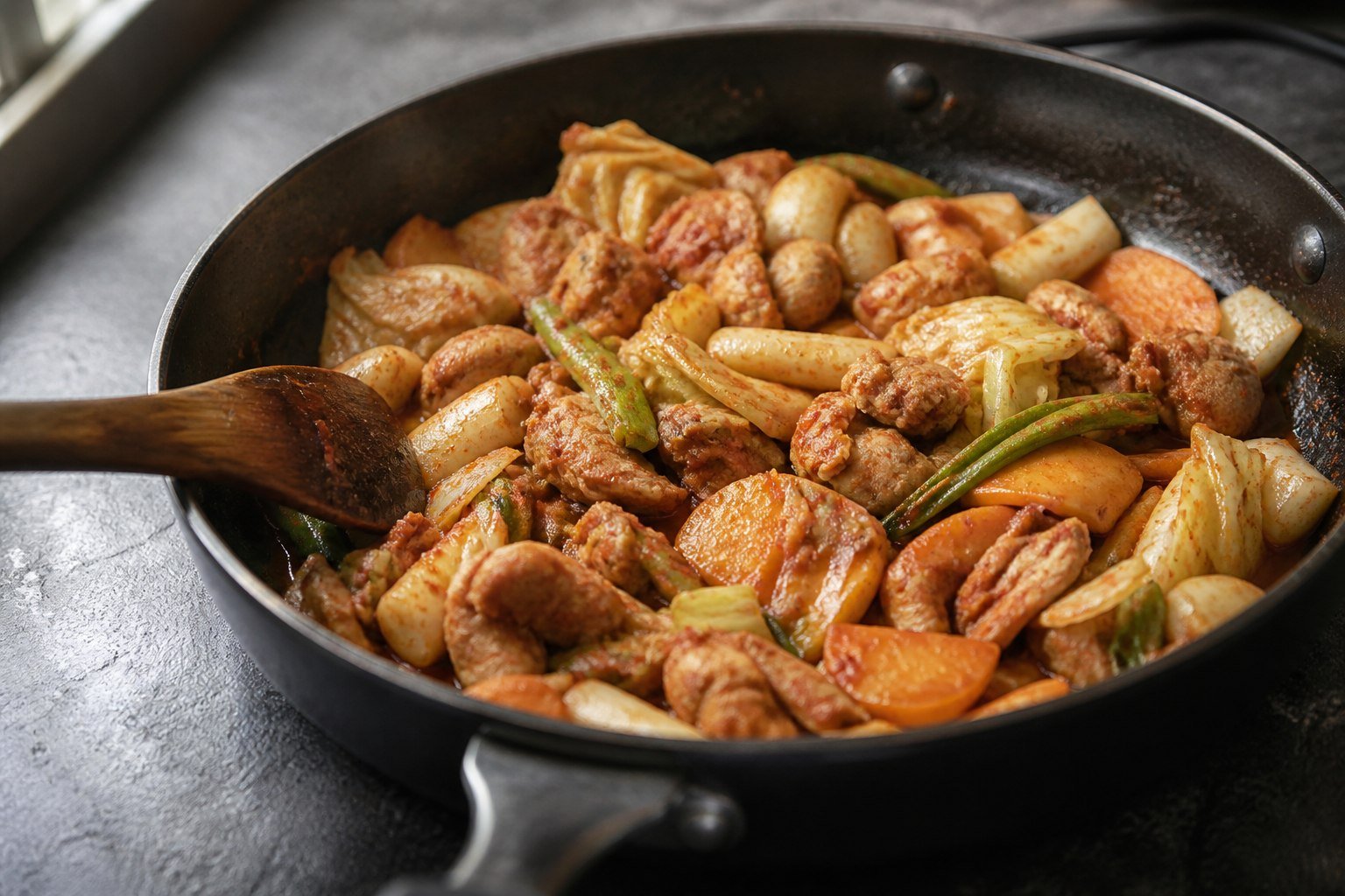 Korean dakgalbi cooking in a skillet with cabbage and rice cakes.