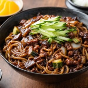 Korean jajangmyeon noodles coated in glossy black bean sauce with pork and vegetables.