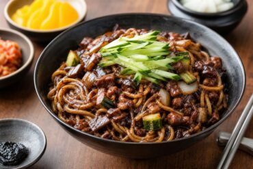 Korean jajangmyeon noodles coated in glossy black bean sauce with pork and vegetables.