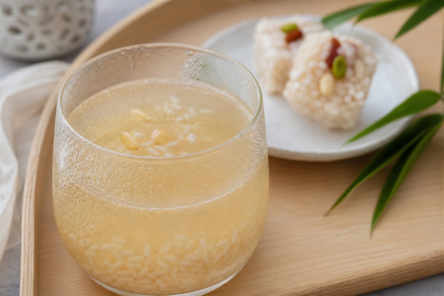 Close-up of chilled Korean Sikhye with floating rice grains, condensation, and pine nuts.