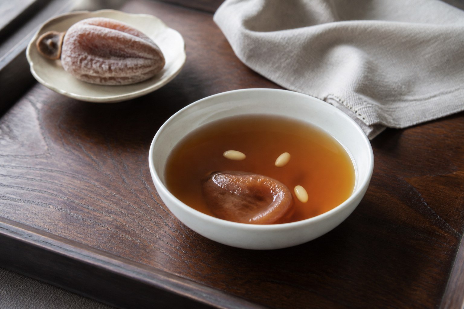 Korean sujeonggwa cinnamon-ginger punch with dried persimmon and pine nuts.