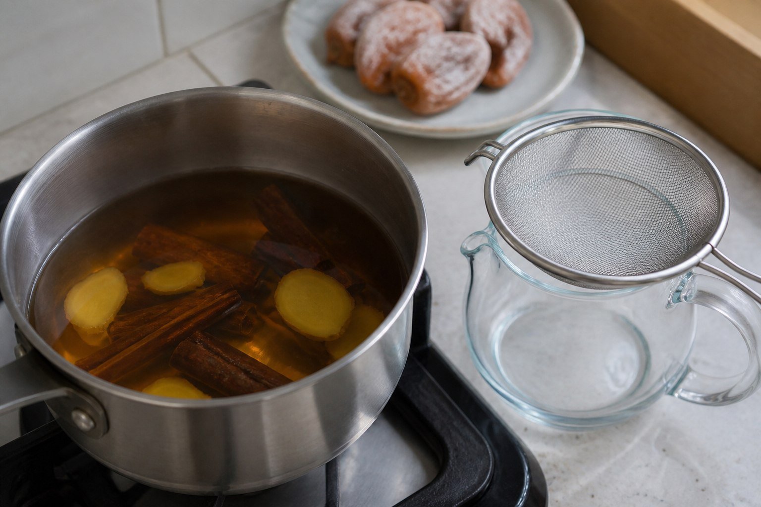 Cinnamon sticks and ginger infusing before Korean sujeonggwa is strained.