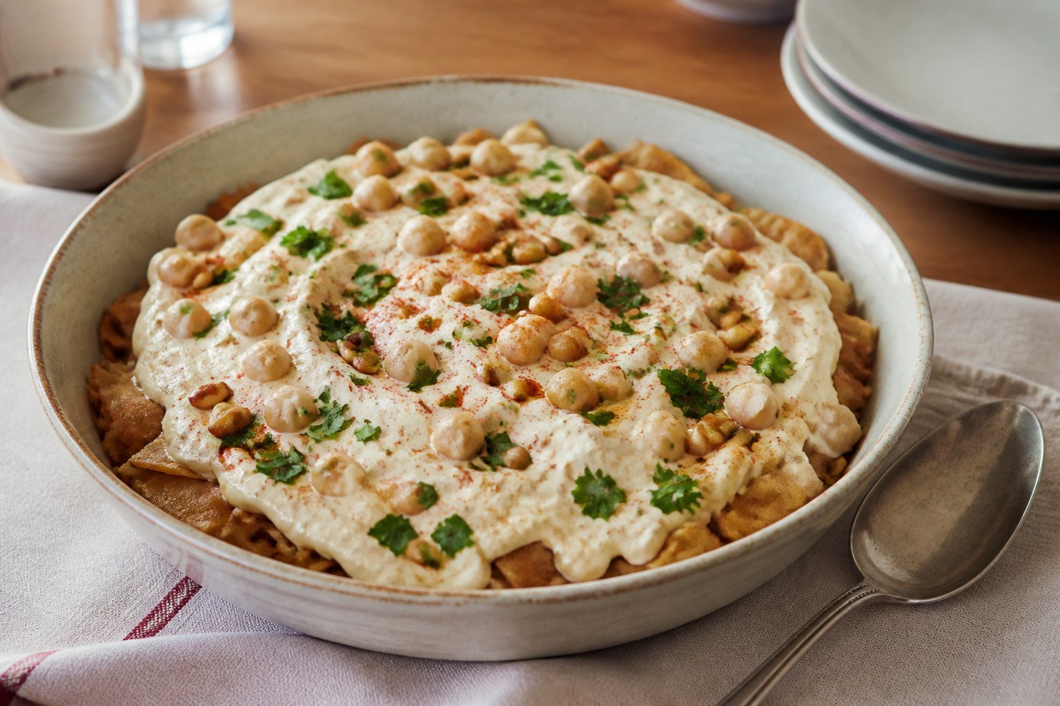 Lebanese chickpea fatteh with toasted pita, smooth tahini yogurt, pine nuts, parsley, and paprika.