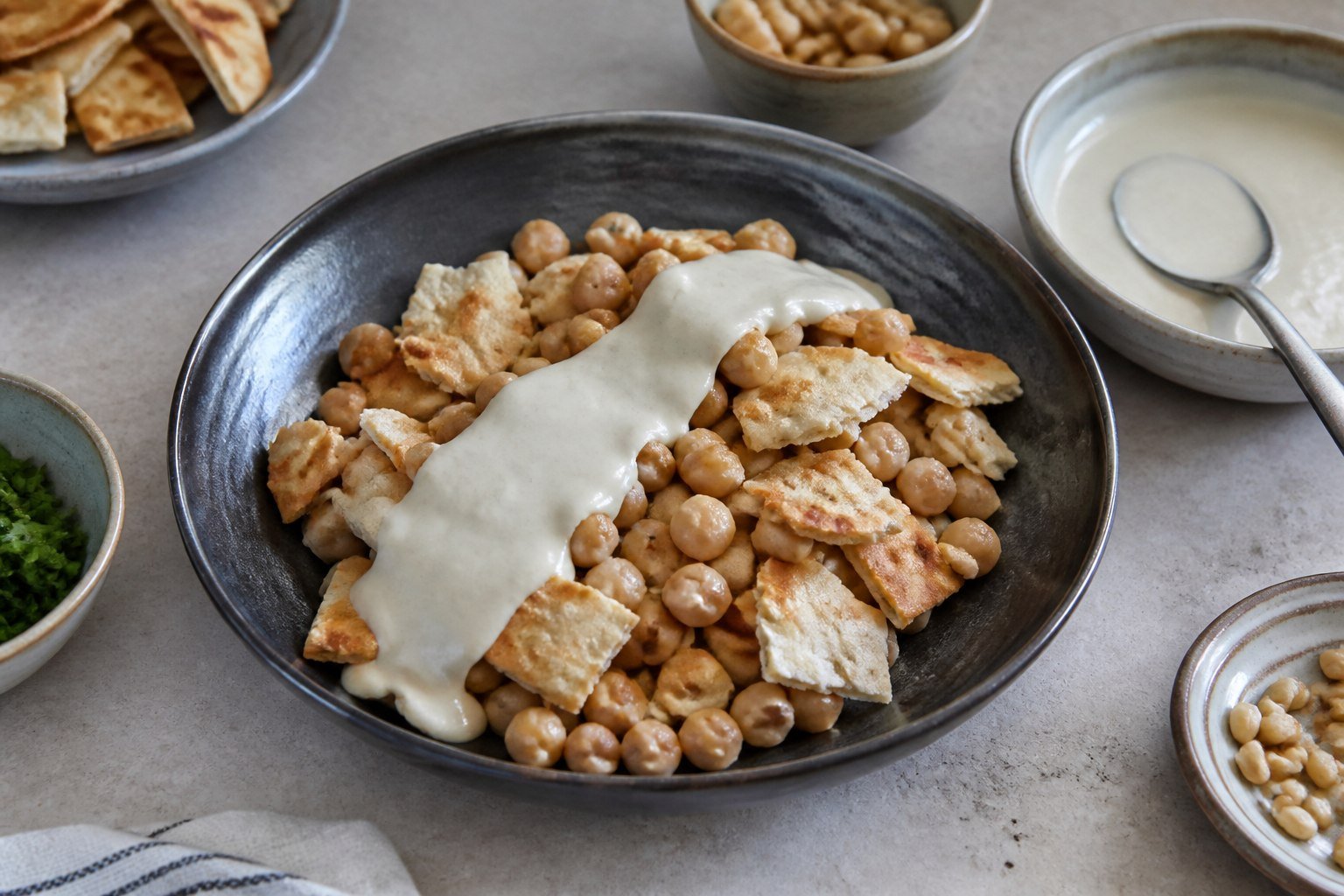 Toasted pita and chickpeas being layered with a broad ribbon of smooth tahini yogurt sauce.