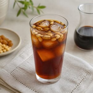 Chilled Lebanese jallab with ice, pine nuts, and golden raisins.