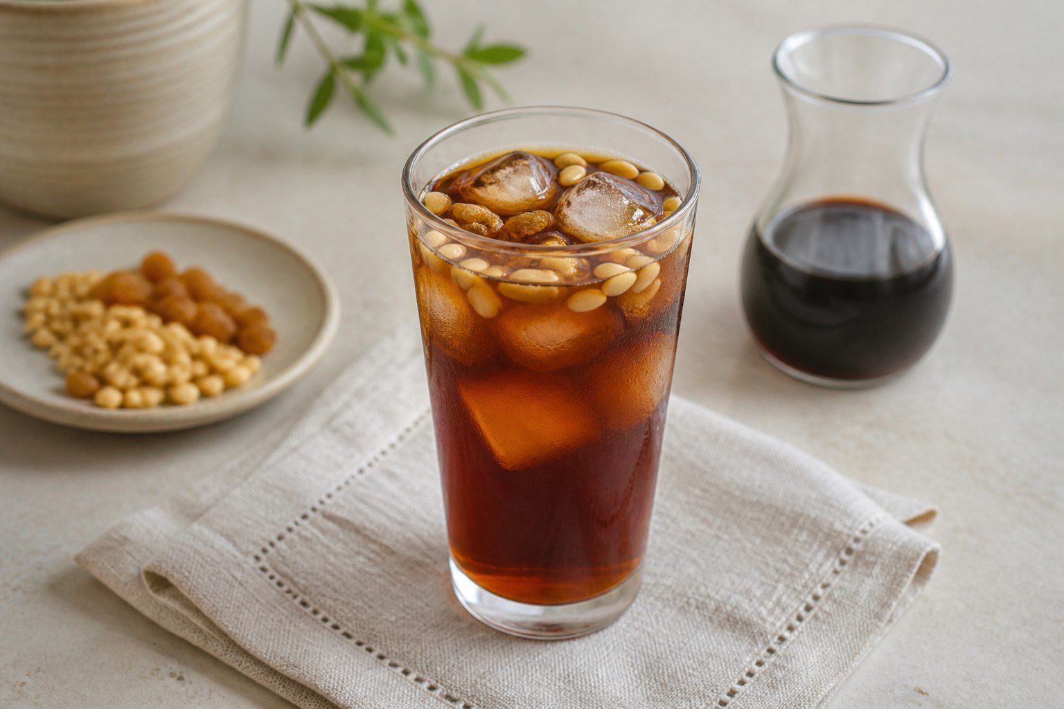 Chilled Lebanese jallab with ice, pine nuts, and golden raisins.