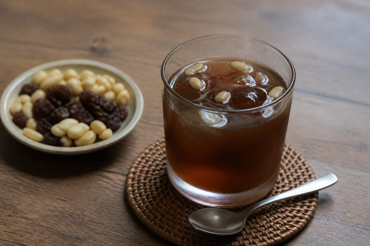 Lebanese jallab in a tumbler with pine nuts and raisins.