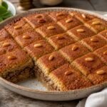 Lebanese baked Kibbeh bil Sanieh cut into diamond pieces with pine nuts.